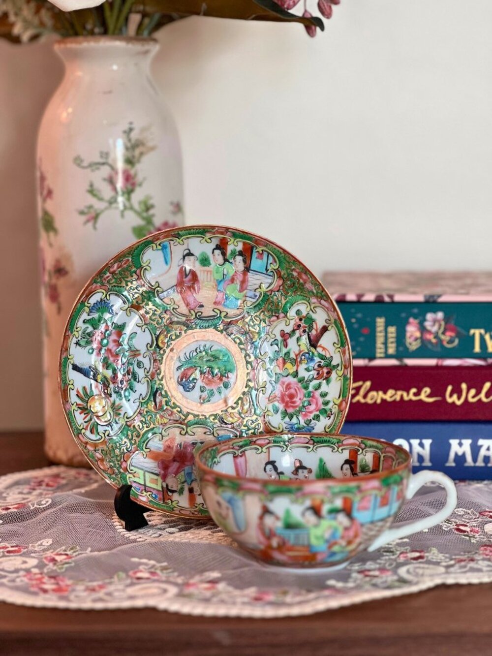 Antique Chinese Export Rose Medallion Teacup & Saucer